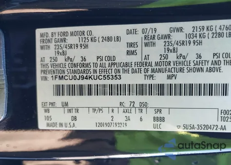 2019 Ford Escape Titanium z USA, uszkodzony, nr VIN 1FMCU0J94KUC55353